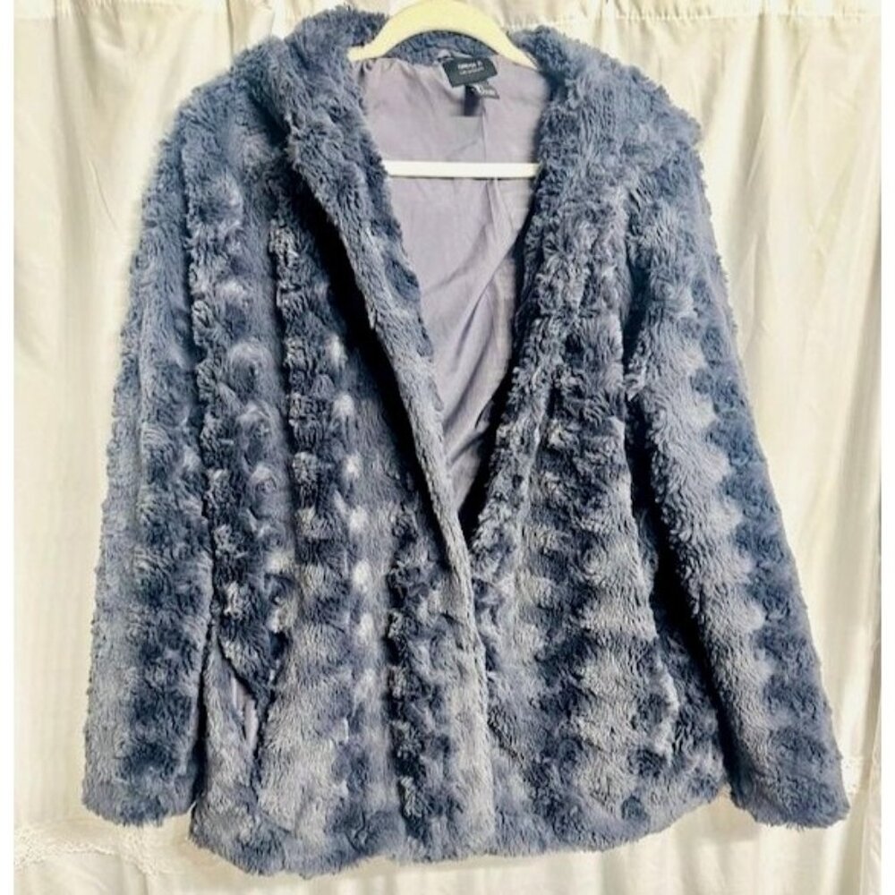 Forever21 Gray Faux Fur Hooded Mob Wife Soft Plush Textured Buttoned Glam Coat L